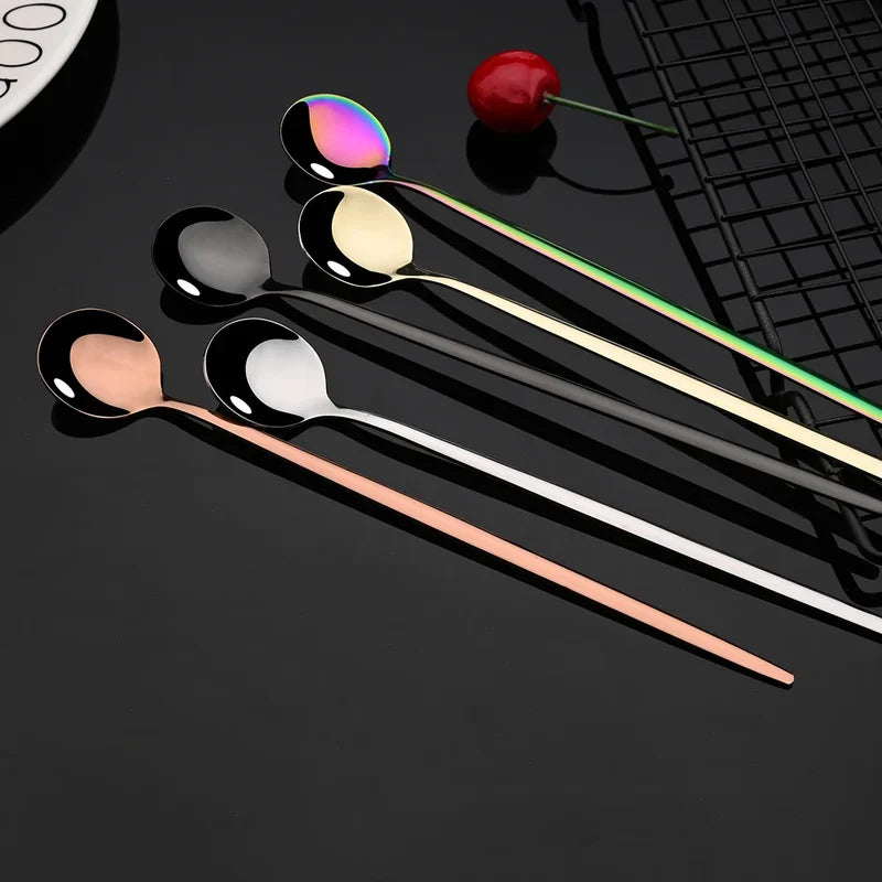 6-Piece Stainless Steel Long Handle Ice Spoon Set - Gold-Tone Coffee & Tea Stirring Utensils