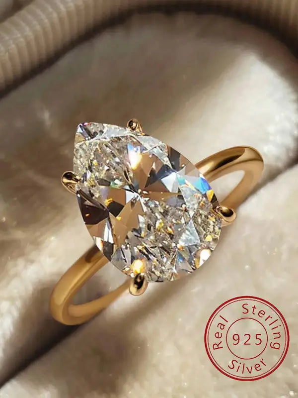 Sterling Silver Zircon Engagement Ring for Women, Sparkling Pear Shape Jewelry