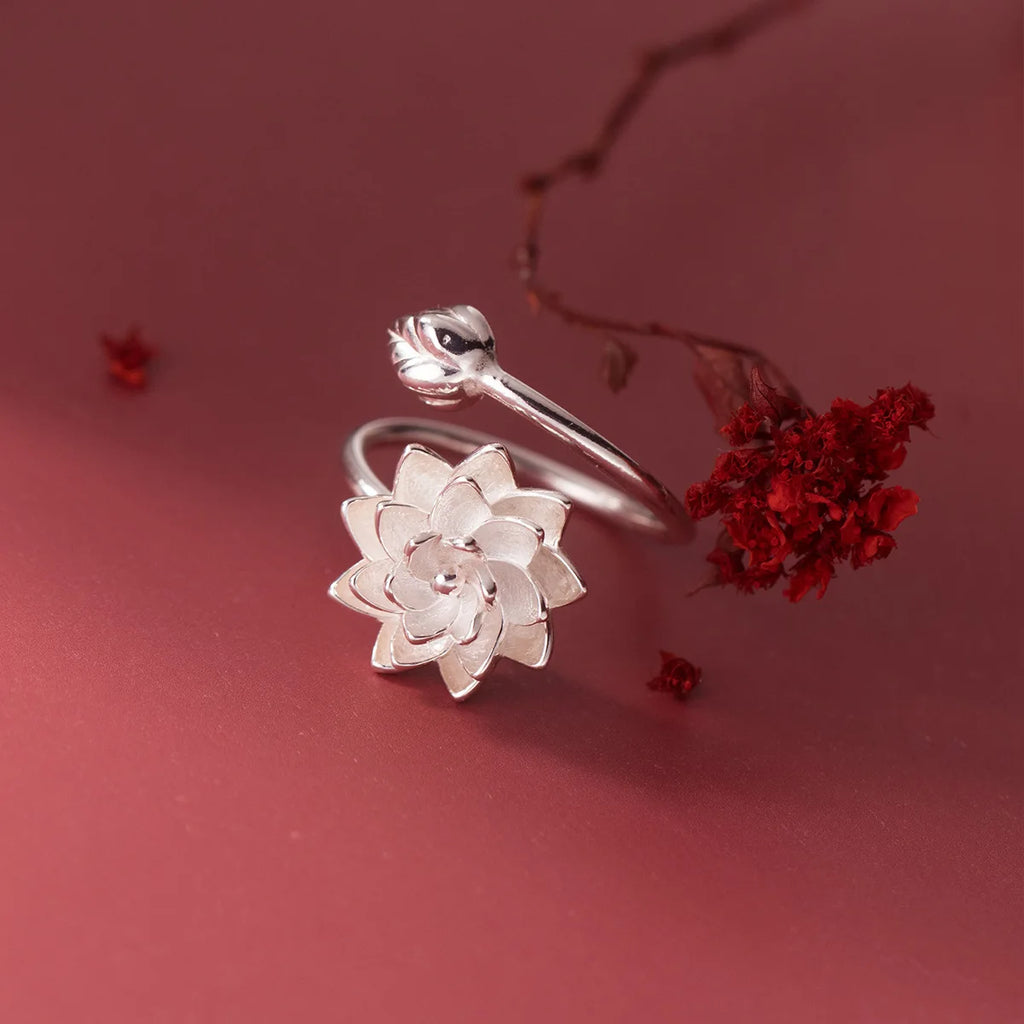 925 Sterling Silver Lotus Flower Adjustable Ring for Women Wedding Engagement Jewelry