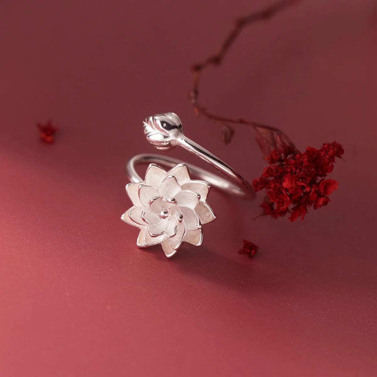 925 Sterling Silver Lotus Flower Adjustable Ring for Women Wedding Engagement Jewelry