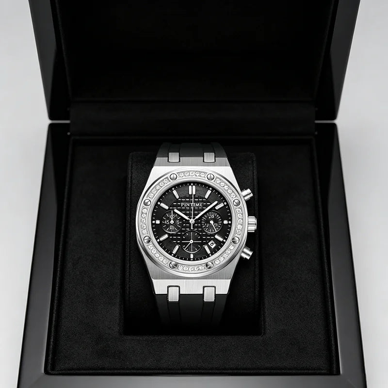 Men's Waterproof Quartz Sport Watch with Silicone Band and Diamond Iced Bezel