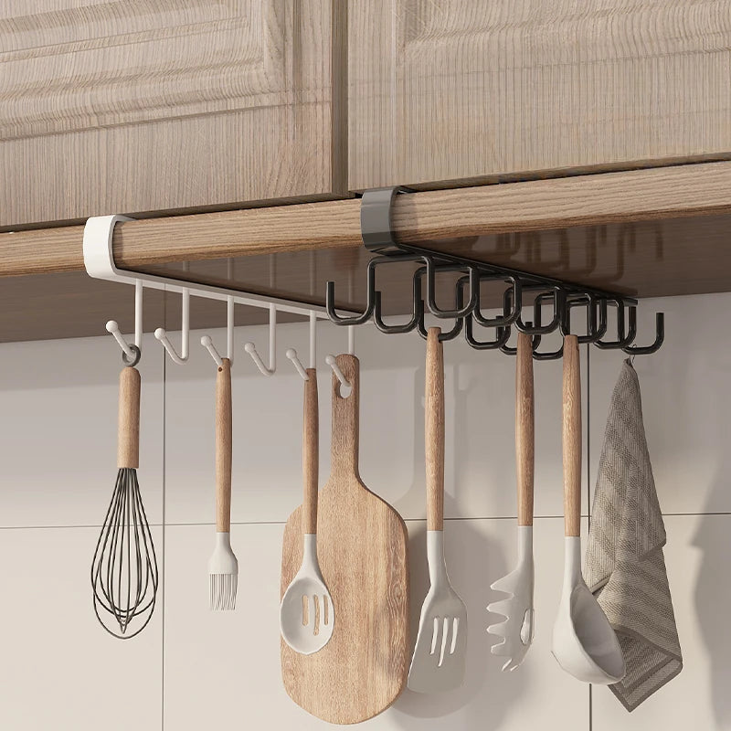 Kitchen Cabinet Bottom Shelf Hanging Hook - 6-Hook Cloth Organizer for Spatulas