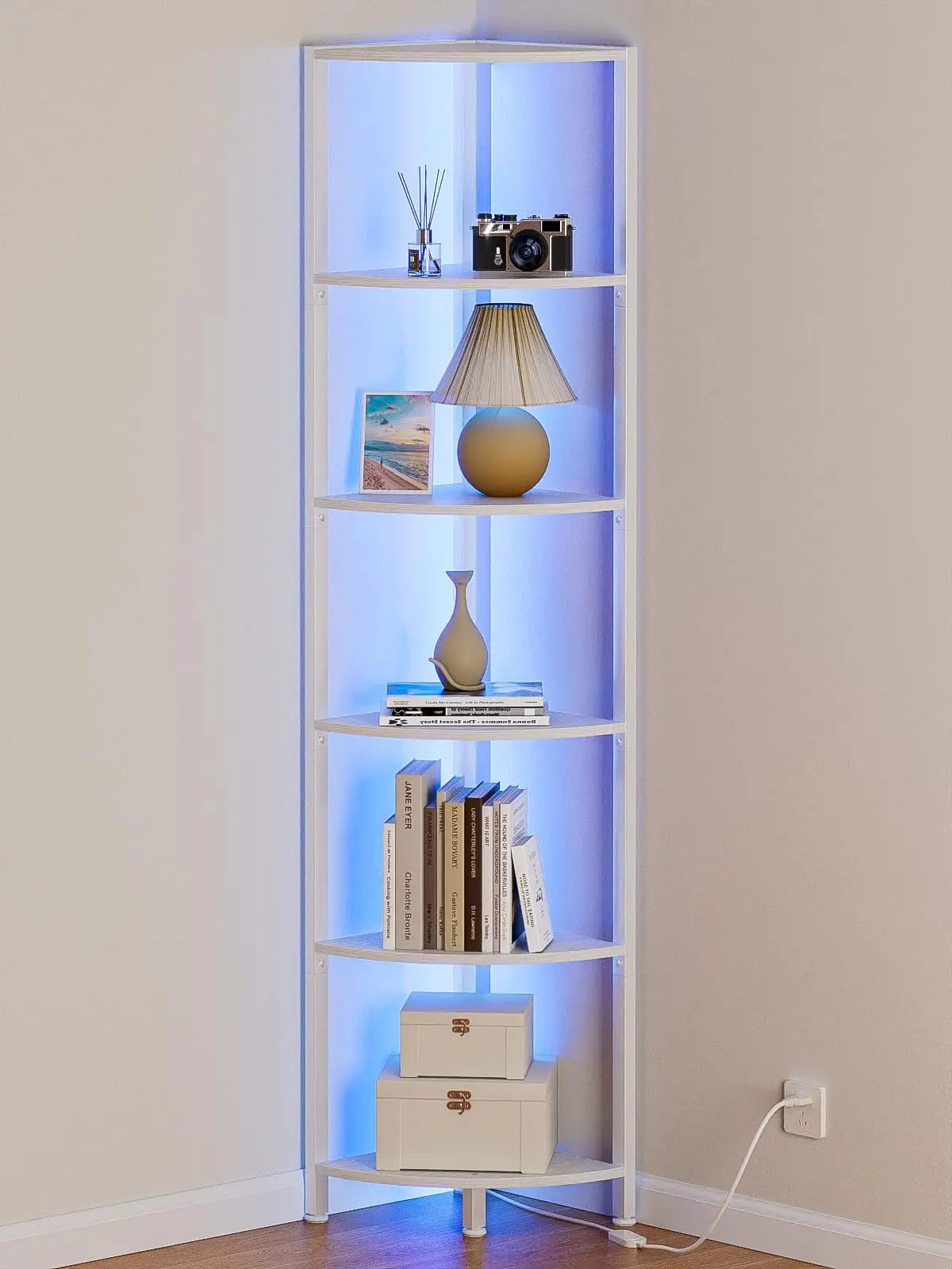 6-Tier Corner Shelf with LED Lights - Tall White Standing Organizer for Home