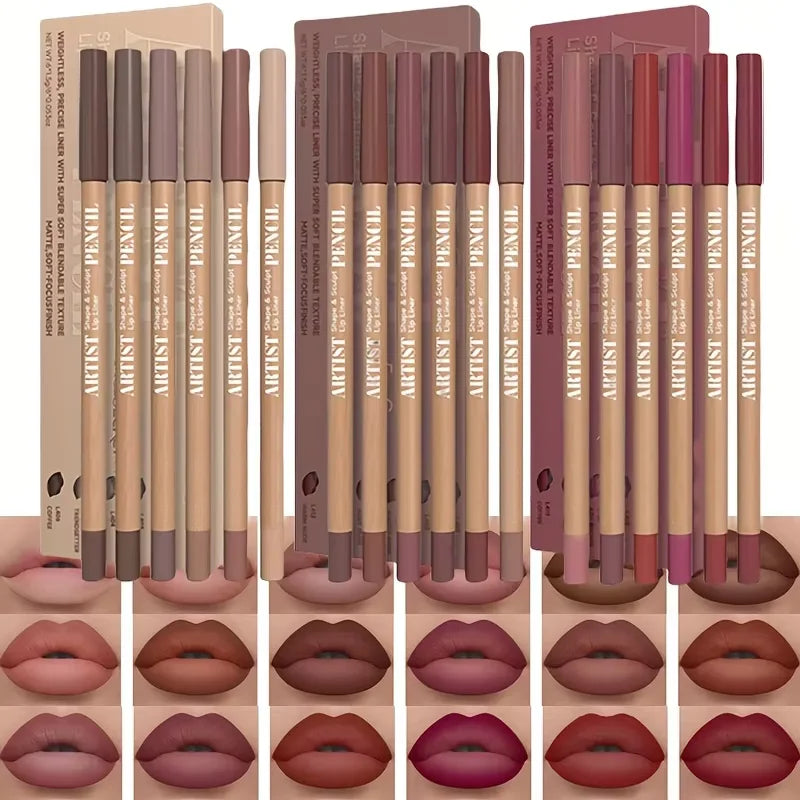Velvet Matte Lip Liner Set 6 Colors Long-Lasting Non-Drying Lip Pencils
