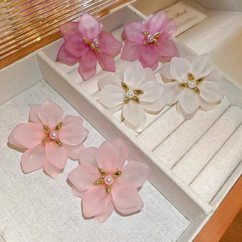 Pink Translucent Flower Petal Stud Earrings for Women - Summer Jewelry Accessories