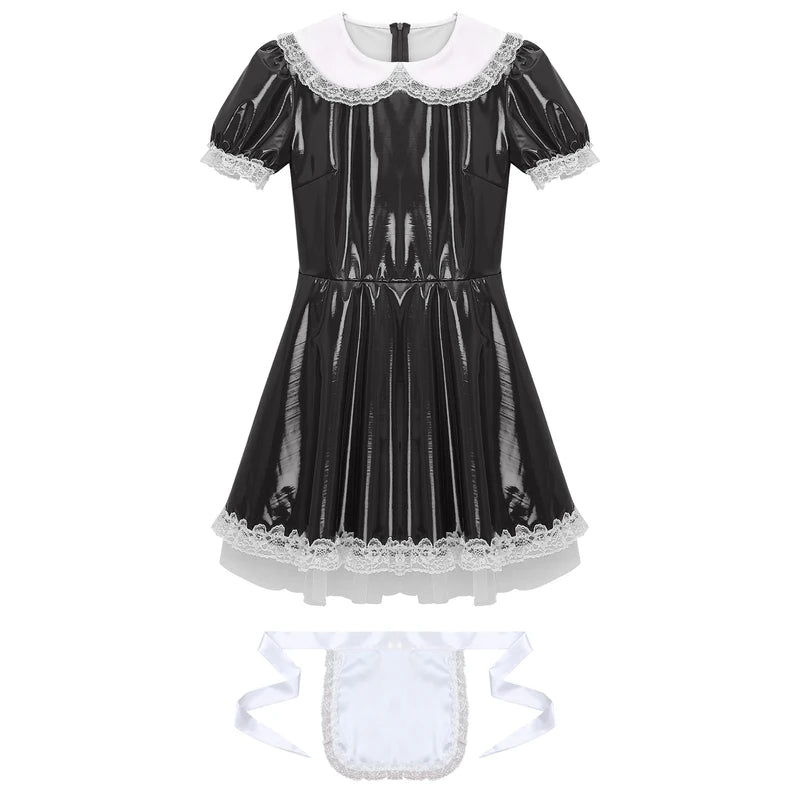 Women Men Maid Cosplay Dress with Apron - Glossy Patent Leather Nightwear Costume