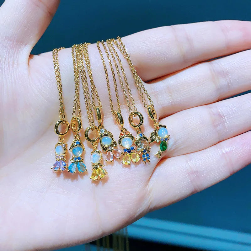 Colorful Zircon Fairy Tale Princess Necklace Gold-Plated Chain for Women