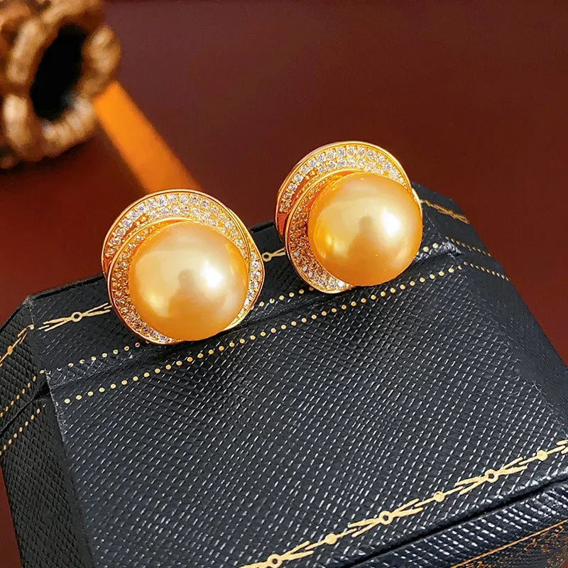Round Zircon Stud Earrings for Women Pearl Flower Design Wedding Jewelry