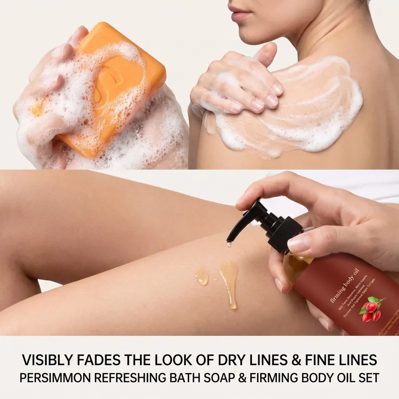 Persimmon Bath Soap & Firming Body Oil Set - Hydrating Deep Clean & Skin Firming