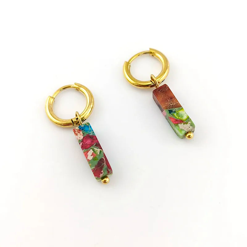 Silver Stainless Steel Square Hoop Earrings with Natural Stones for Women