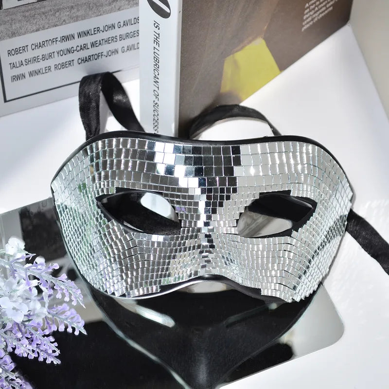 Disco Ball Glitter Mirror Face Mask for Festivals & Parties, Reflective Costume Mask