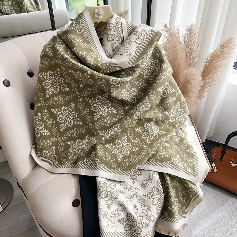Luxury Ethnic Style Two-Sided Pashmina Scarf with Fringe - Soft Warm Winter Shawl
