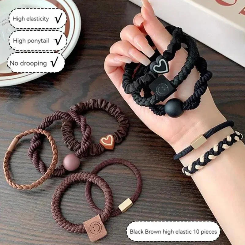 Women's Hair Ring Set - Elastic Leather Ponytail Holders - 10PCS