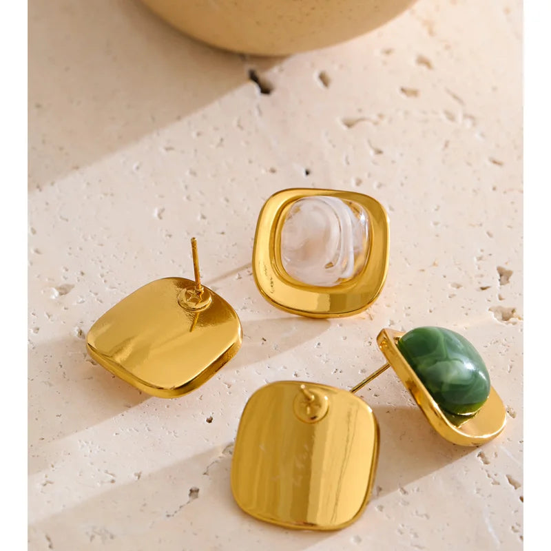White Green Resin Square Stud Earrings - 18K Gold PVD Plated Stainless Steel Jewelry