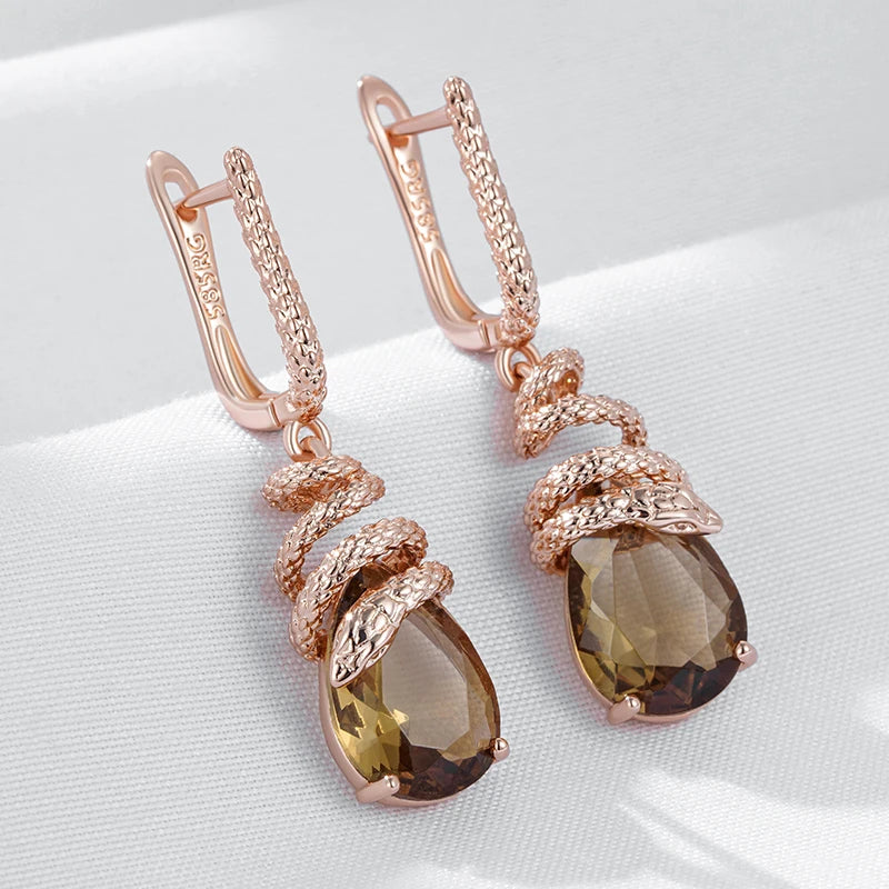 Unique Brown Zircon Snake Dangle Earrings for Women - Rose Gold Plated Jewelry