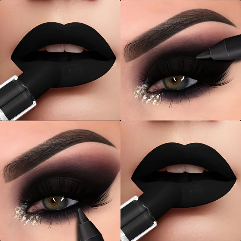 Dark Punk Makeup Set - 3 Pieces Matte Black Lipstick, Lip Liner & Waterproof Eyeliner for Halloween
