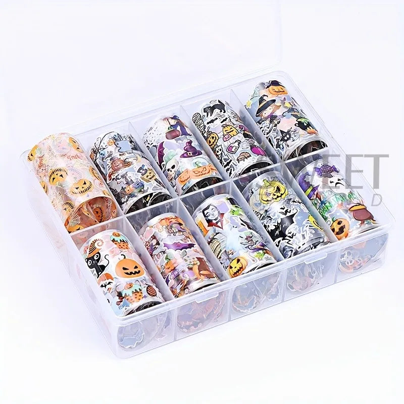 Halloween Nail Transfer Foils Set - Black Cat Bat Pumpkins Witches Starry Sky 10 Rolls