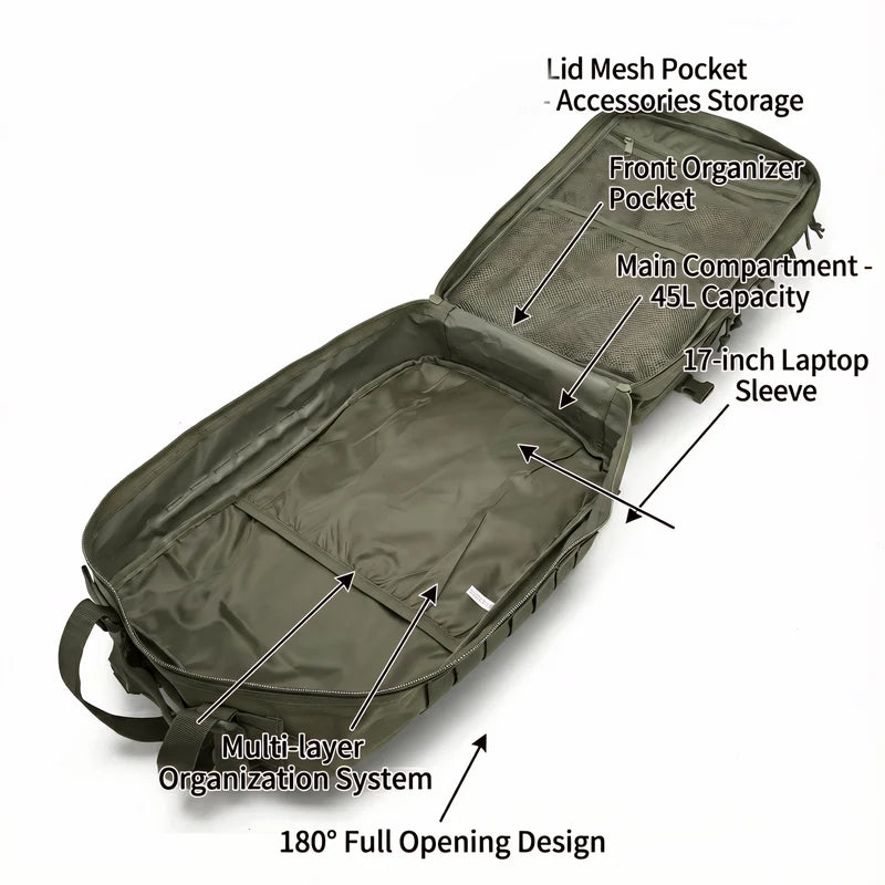 Men & Women 45L Tactical Hiking Backpack Large Capacity Water-Resistant Camping & Trekking Rucksack