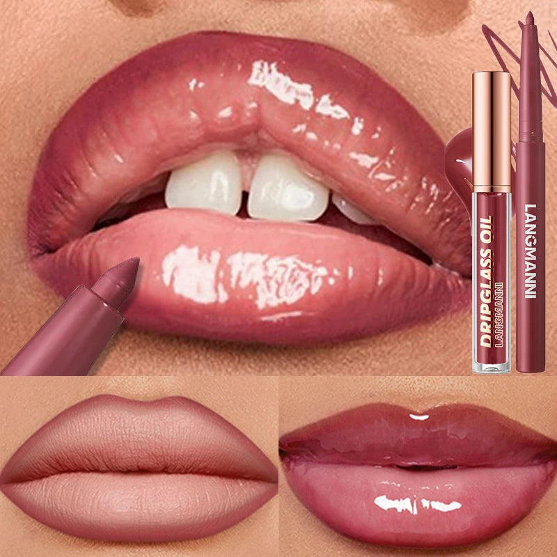 Matte Lip Liner & Lip Gloss Set - Waterproof Long-Lasting Lip Makeup Kit
