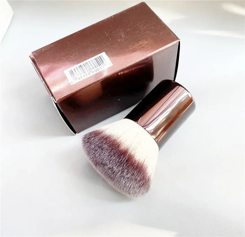 Portable Powder & Blush Makeup Brush - Finishing Kabuki Brush, Brown Metal Handle