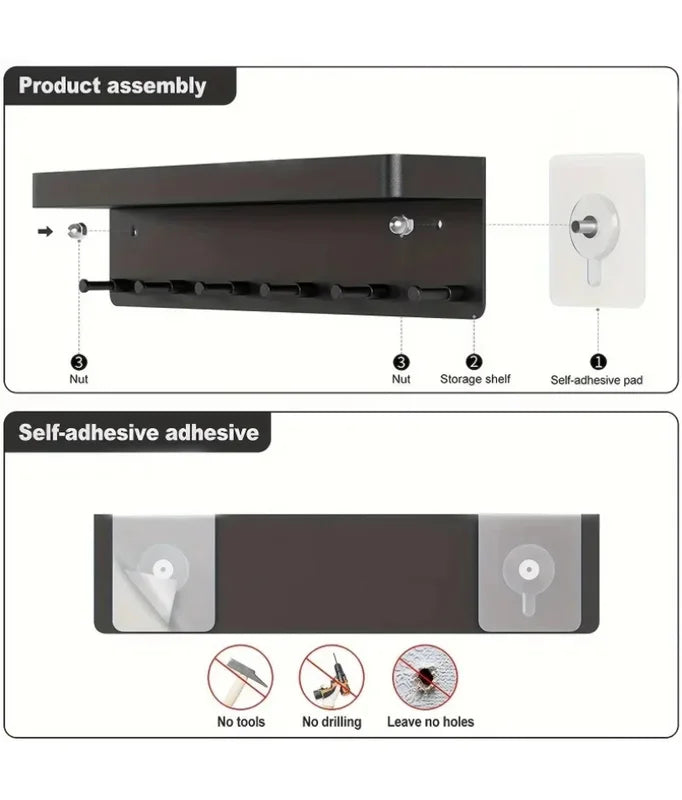 Wall Mount Key Holder with 6 Hooks and Storage Shelf – Kitchen & Bathroom Organizer