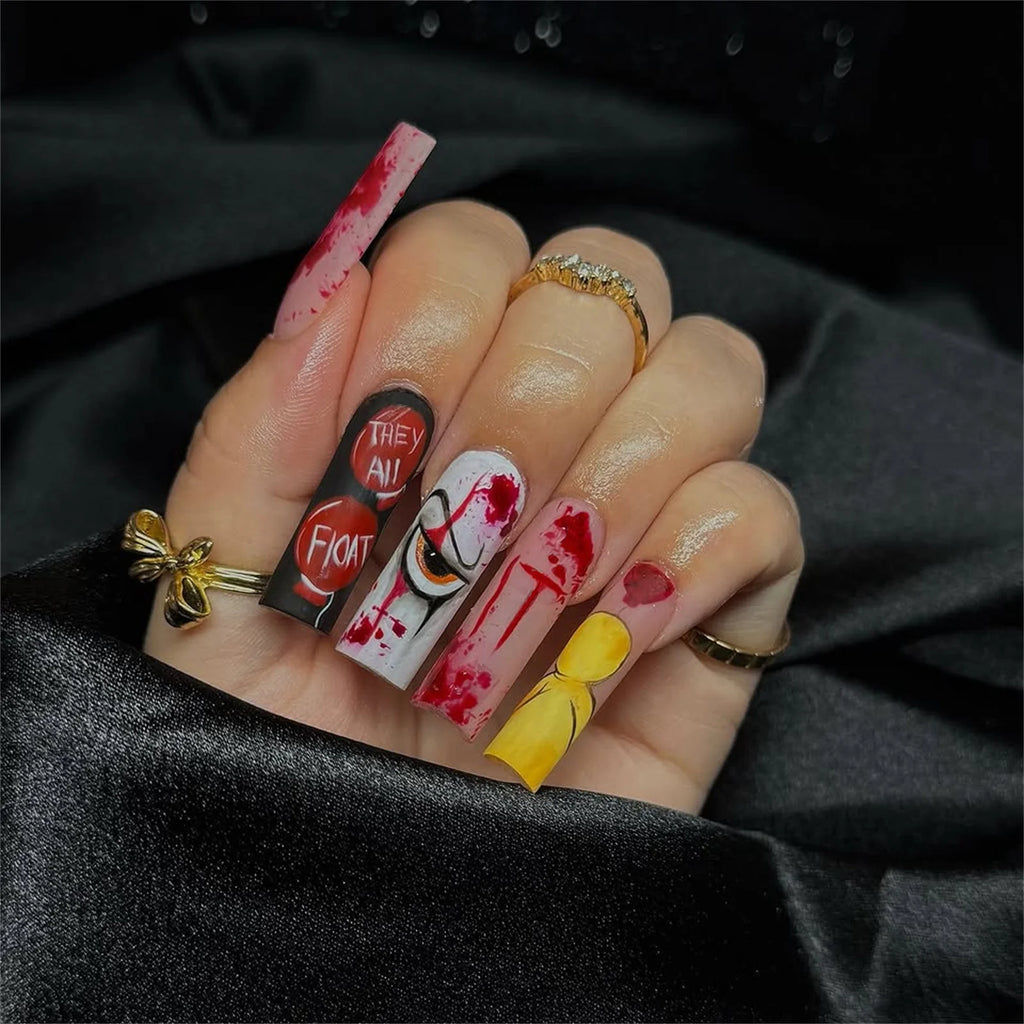 Frosted Long Fake Nails with Horror Blood Eye Design - Halloween Party Press On Nails Set