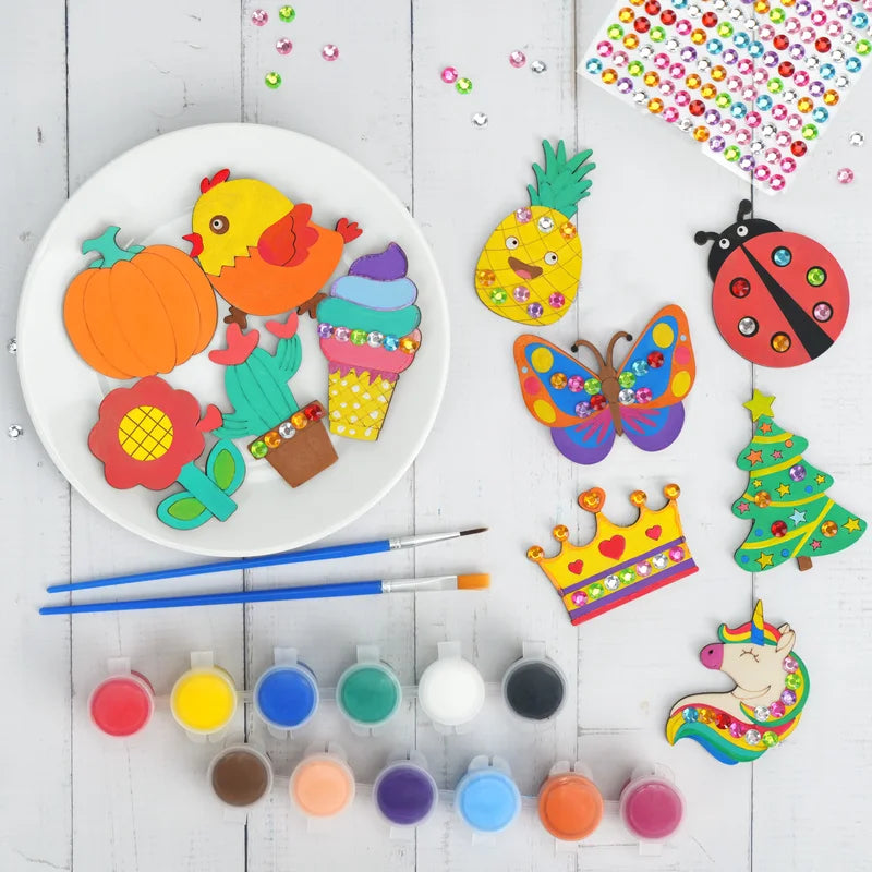 Kids DIY Wooden Magnet Craft Kit with Glow Paint & Accessories