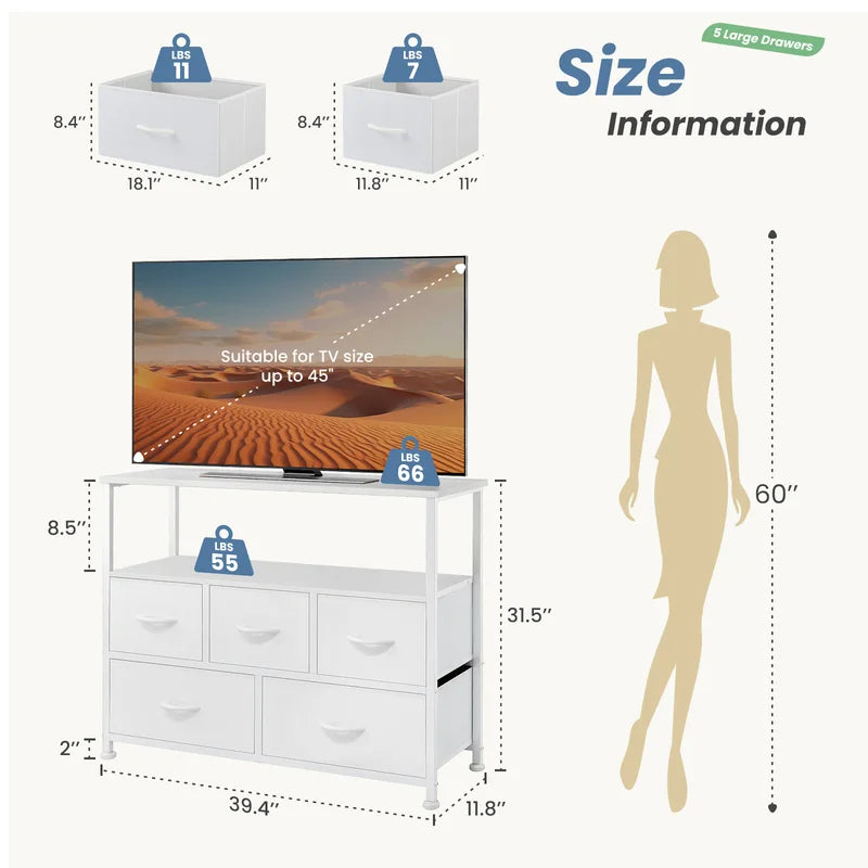 MCQ TV Stand Dresser with Fabric Storage Drawers - Compact Media Console for Bedroom Living Room or Dorm