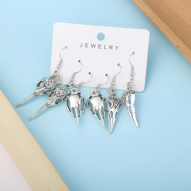 Gothic Bird Dead Crow Moon Earrings Set - Pentagram Skull Halloween Punk Jewelry for Women