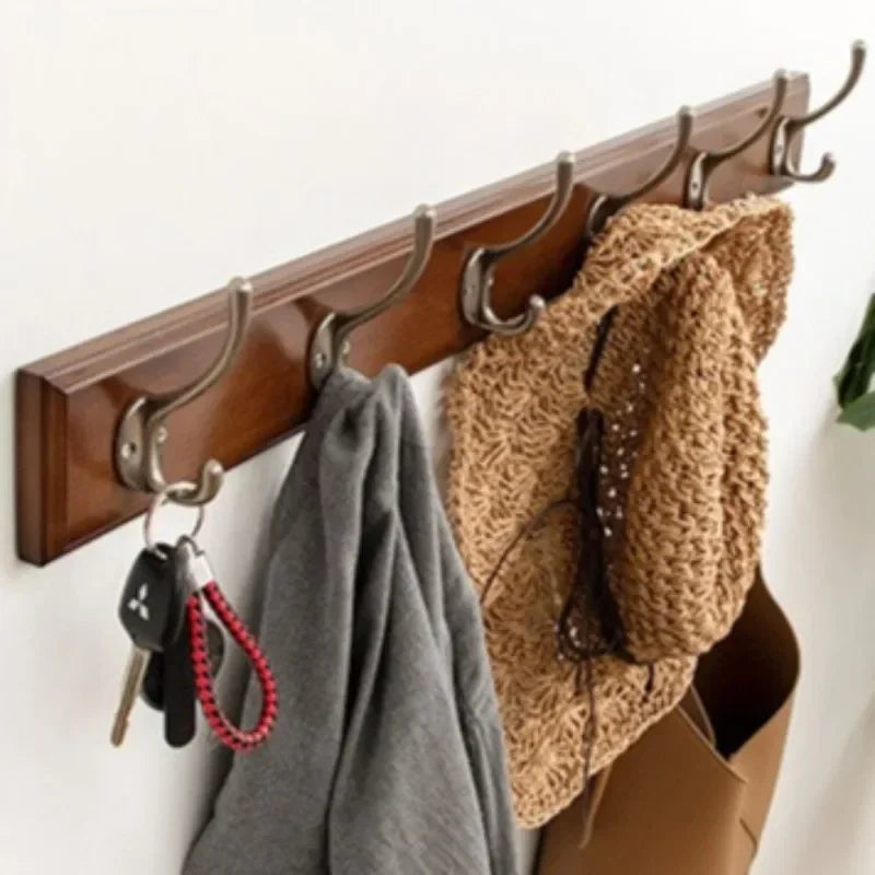 Wall-Mounted Bamboo & Zinc Alloy Coat Rack with Double Hooks - Retro Home Organizer