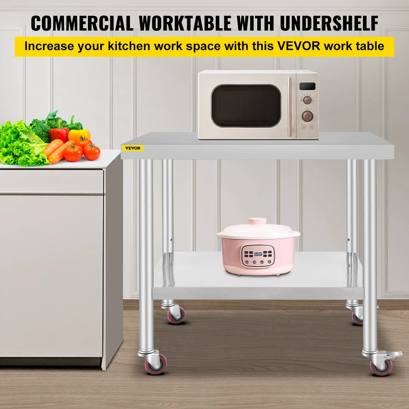 Stainless Steel Kitchen Prep Table with Casters and Backsplash - Load Capacity 100-300kg