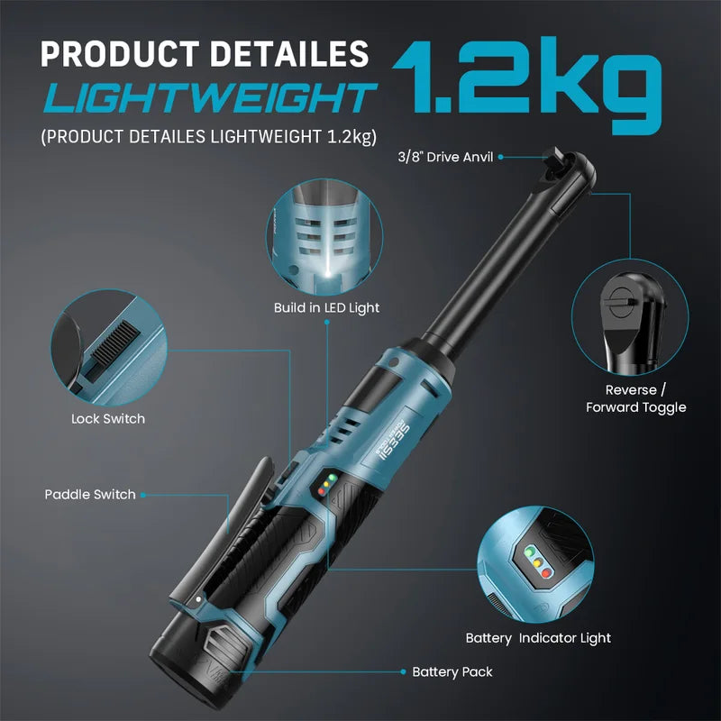 Cordless Electric Impact Wrench 3/8 Inch 55Nm Long Reach Car Repair Tool with 2 Batteries