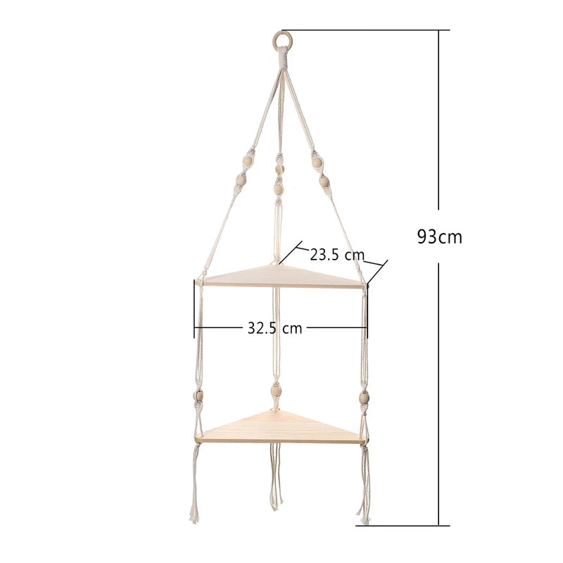 Boho Wall Shelf with Triangle Corner Floating Shelves Natural Wood & Macrame Cord