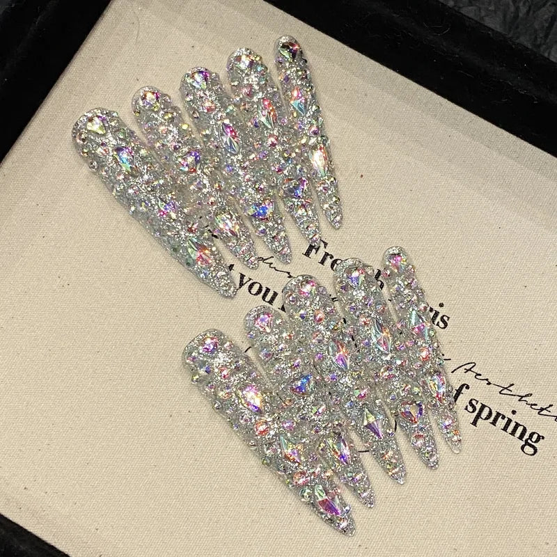 10Pcs Long Stiletto Fake Nail Tips with Diamond Accents - DIY Press On Nails