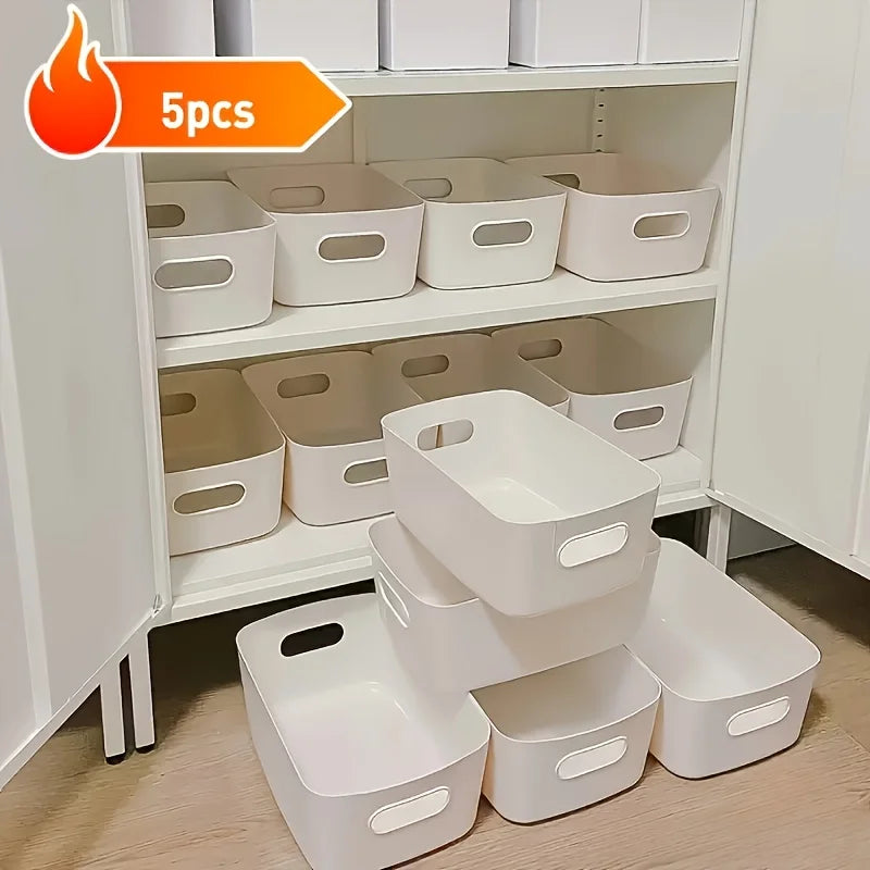 5PCS Stackable Storage Box Set - Rectangular Plastic Organizer Containers for Kitchen Bathroom Dorm