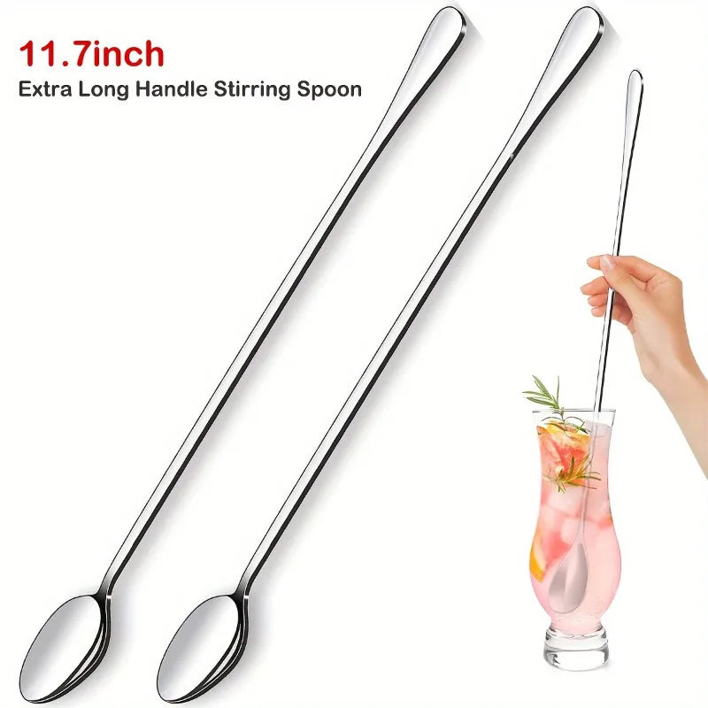 Stainless Steel Iced Tea Spoon 2pcs Set Long Handle Cocktail Mixing Utensils