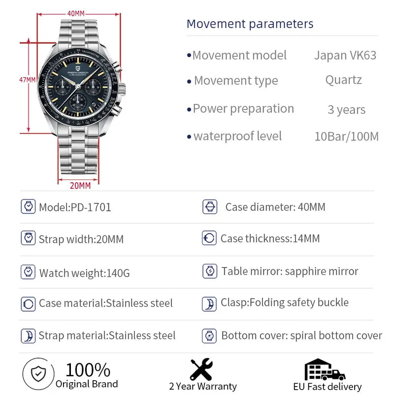 Men's Retro Moon Watch Quartz Chronograph with Sapphire Crystal - Multiple Colors