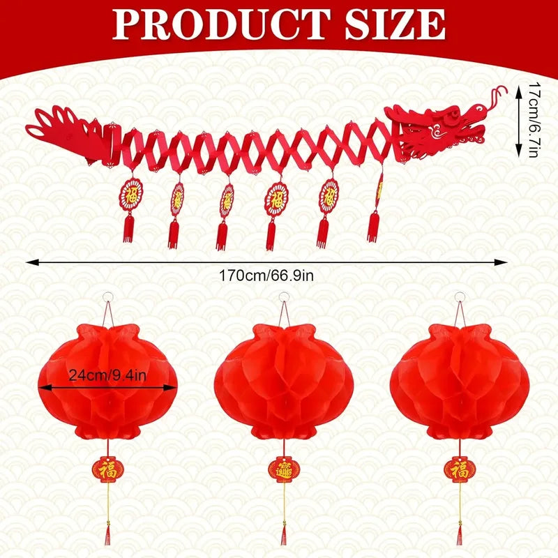 Chinese New Year Dragon Decorations with Paper Lanterns for Lunar Festival Celebration
