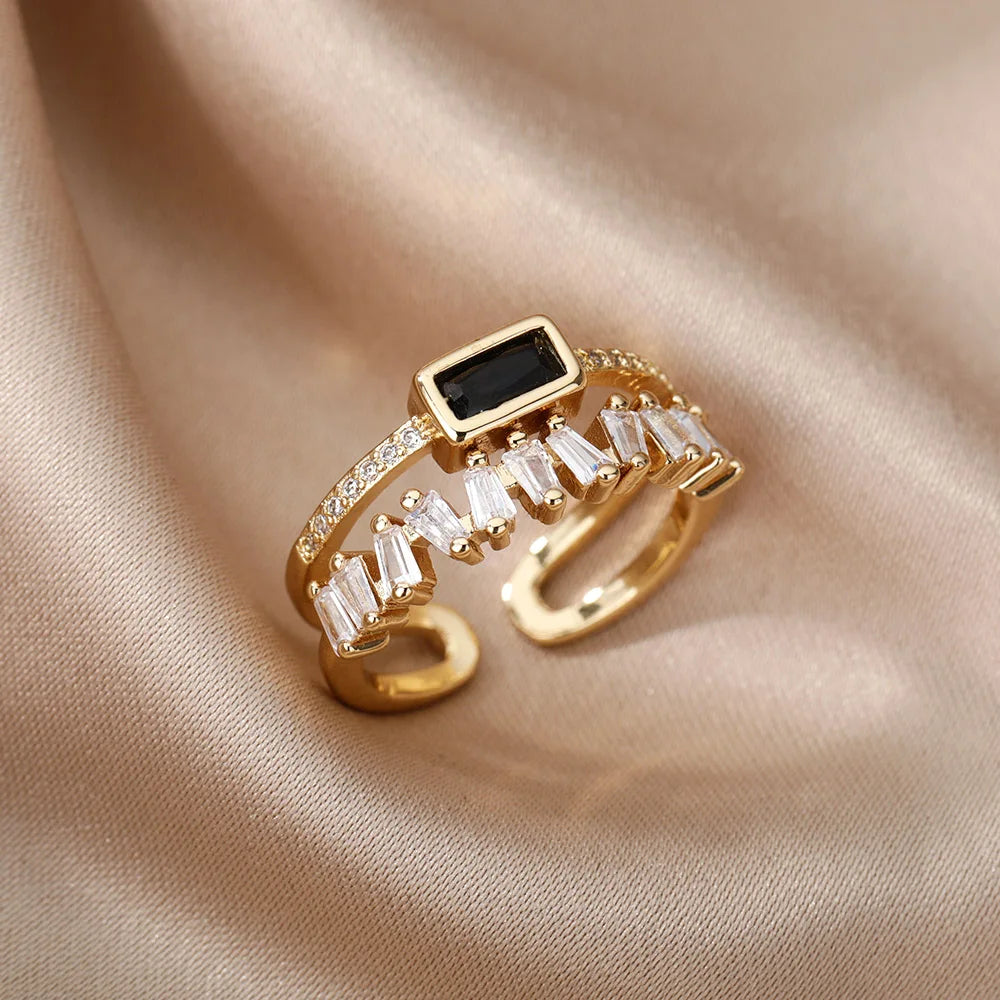 Elegant Irregular Double Layer Zircon Ring for Women Stainless Steel Gold Plated Wedding Open Finger Ring