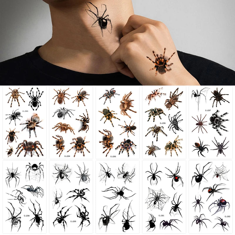 10PCS Waterproof Halloween Spider Temporary Tattoos for Body Art and Party Decorations
