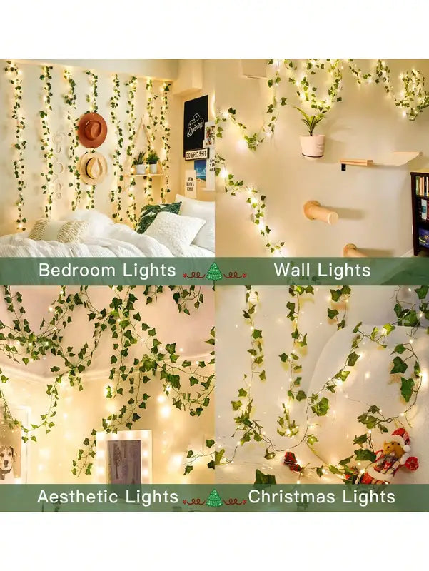 Battery Powered Ivy String Lights with Leaf Design - 32.81ft 100 LEDs for Garden, Party, Bedroom Decor