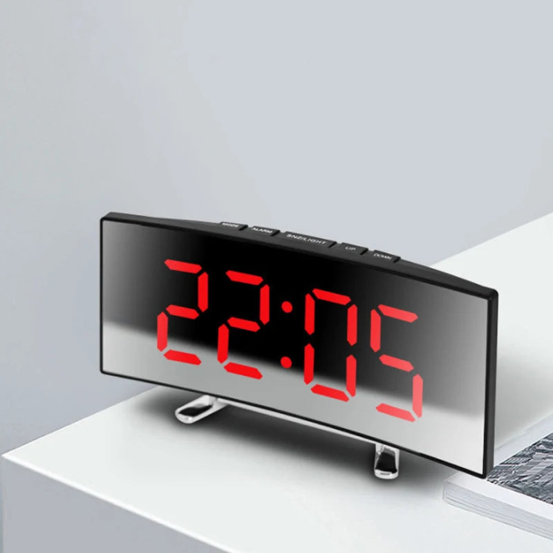 Large Mirror LED Alarm Clock with Silent Operation - Modern Curved Design, Desktop Clock for Living Room & Bedroom