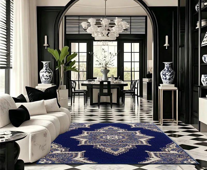 Bohemian Floral Medallion Area Rug - Navy Blue Indoor Floor Mat, Multiple Sizes