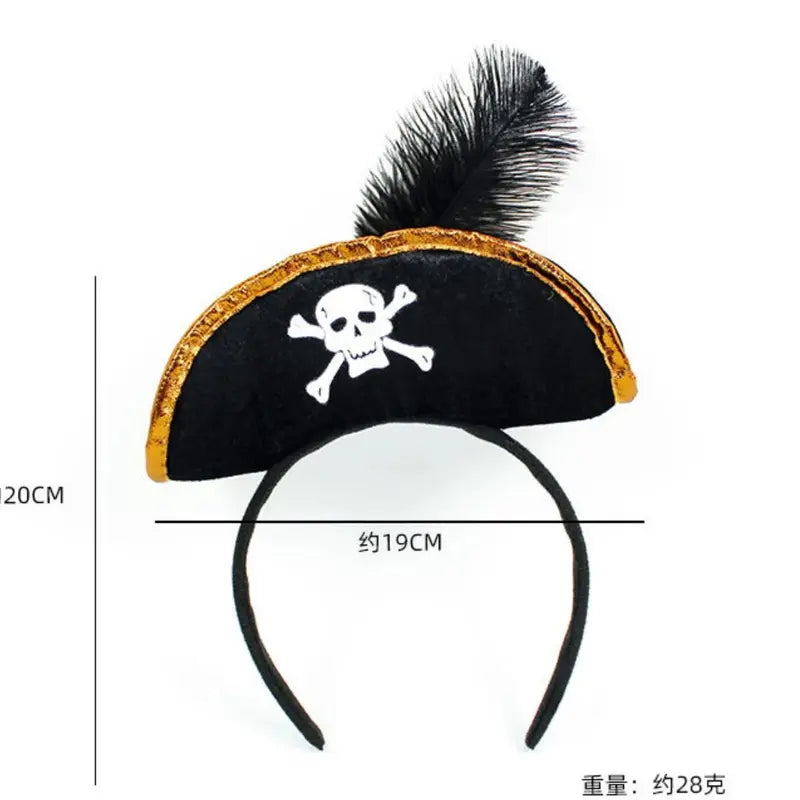 Pirate Hat Headband with Skull Crossbones & Black Feather Halloween Costume Accessory