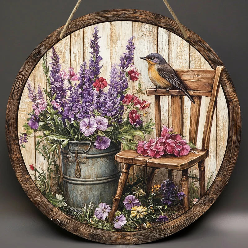 Rustic Wooden Sign with Bird and Flower Murals - 7.87 Inch Home Decor