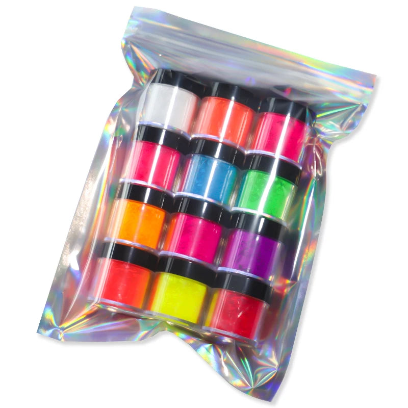 Neon Pigment Powder Set for Nail Art - Fluorescent Glitter & Chrome Dust, 12 Colors