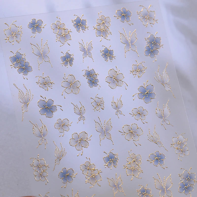 Botanical Flower 5D Nail Art Sticker Decal - Floral Gold & Sheer Designs for Manicure