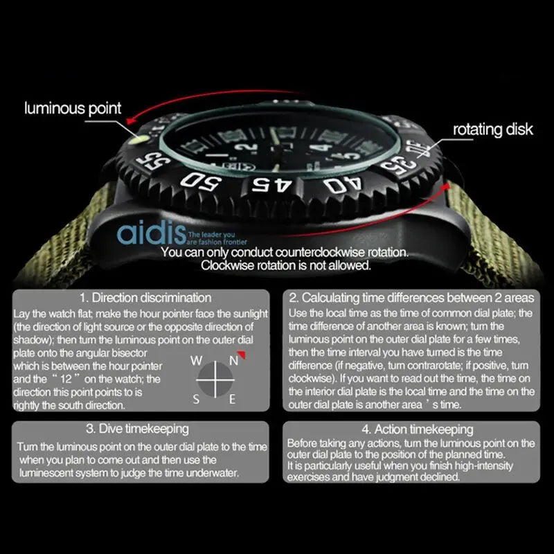 Men's Waterproof Sports Watch with Luminous Tube & Nylon Band - Military Style, 50m Water-Resistant