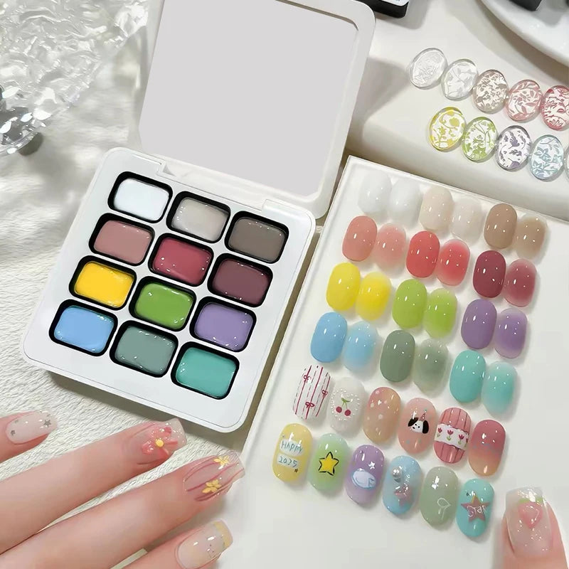 12-Color Nail Polish Palette Set - Solid Gradient UV Gel for DIY Nail Art