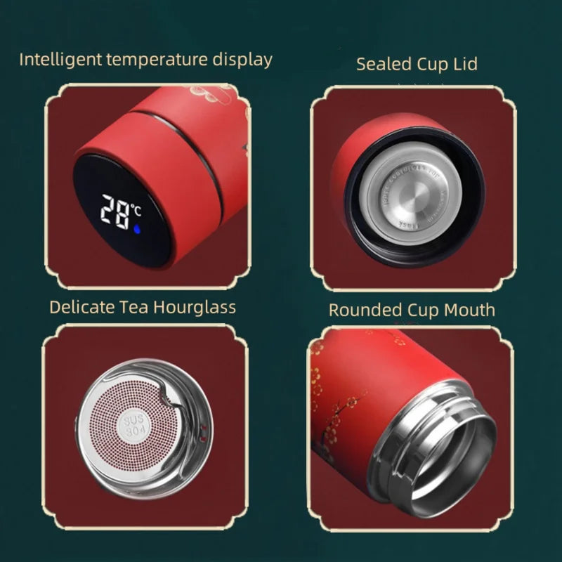 Chinese Style Insulated Water Bottle with Temperature Display - Retro Stainless Steel Flask for Hot & Cold Drinks
